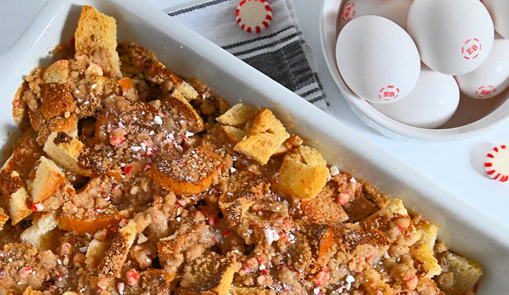 Photo of Hot Cocoa Peppermint Bread Pudding with Peppermint Cream Sauce