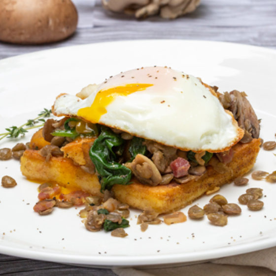 Photo of Fried Eggs with Mushroom, Lentil Hash over Cheesy Polenta Squares